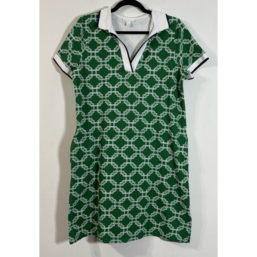 Charter Club Green Geometric Polo Dress Size Large Short Sleeve V-Neck Preppy